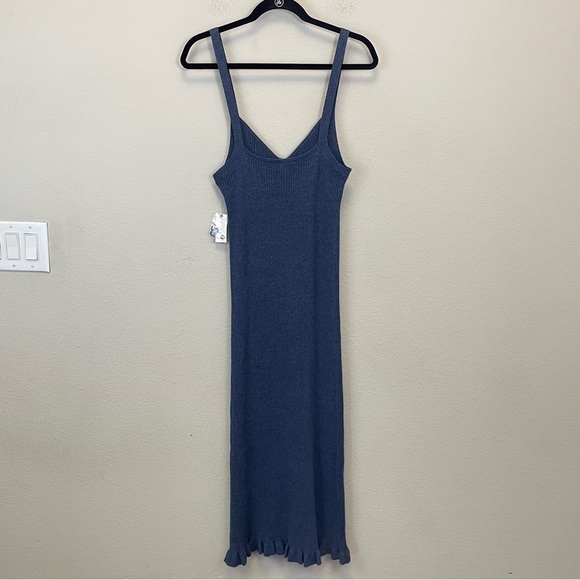 Anthropologie Daily Practice Blue Ribbed Ruffle Hem Slim Tank Dress Size L - Picture 10 of 12